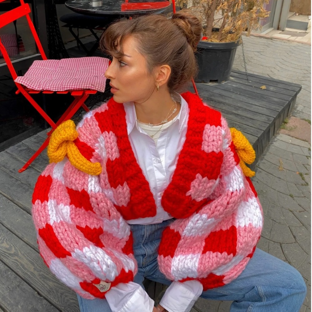 Handmade Gingham Oversized Cardigan, Crop Colossal Knit with Ribbon Details